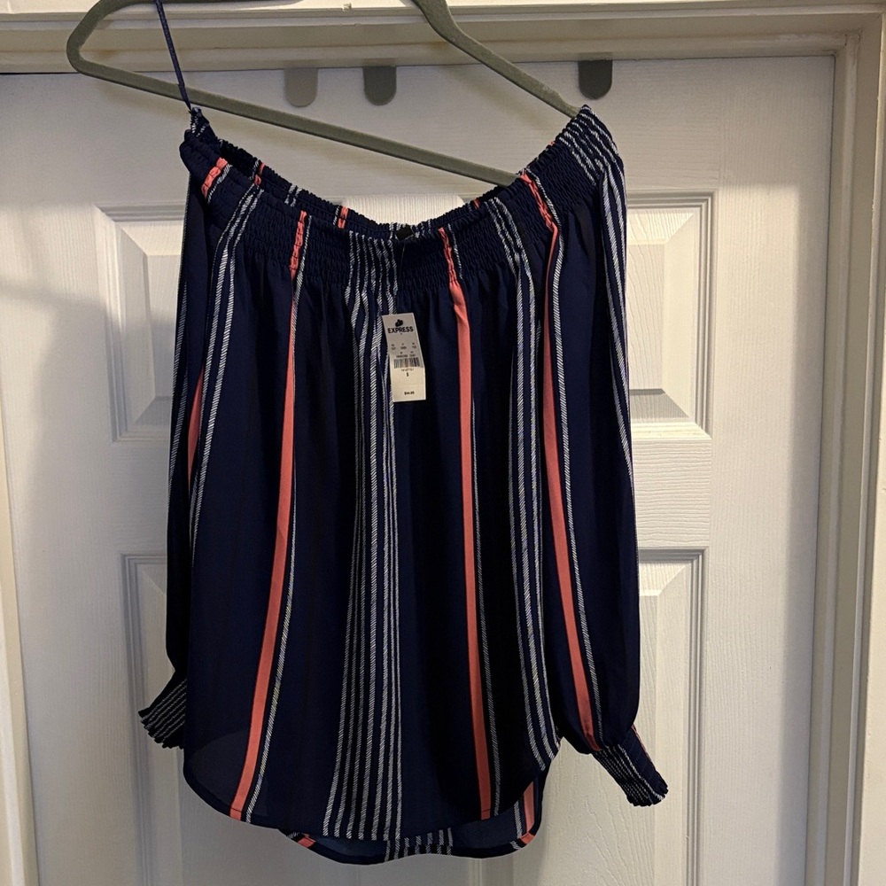 Express Navy and Pink Striped Off-Shoulder Top